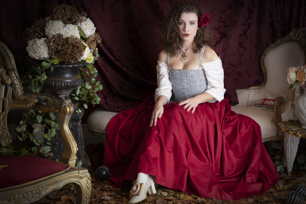 Beautiful young woman wearing a corset and long skirt in a Baroque-themed setting - Photo, Image