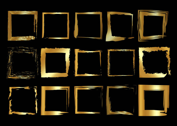 Gold frames set, Christmas theme square shaped old golden border in paint brush stroke style, vector luxury collection ornament with shadow isolated on black background - Vector, Image