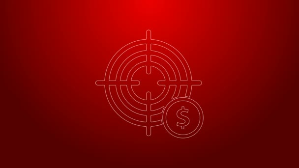 Vihreä viiva Target dollarin symboli kuvaketta eristetty punaisella taustalla. Sijoituskohde kuvake. Menestyksekäs liikeidea. Käteisellä tai rahalla. 4K Video motion graafinen animaatio - Materiaali, video