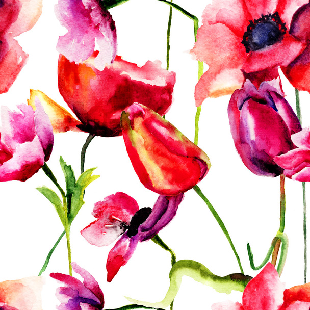 Seamless wallpaper with red flowers - Φωτογραφία, εικόνα