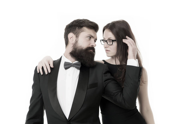 Married couple romantic date. Cuddling with darling. Tender hug. Man and woman elegant dressed ready for night out. Celebrate anniversary. Romantic couple wear formal clothes. Couples bucket list - Valokuva, kuva
