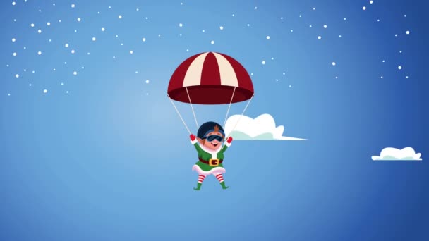 happy merry christmas card with elf in parachute - Footage, Video