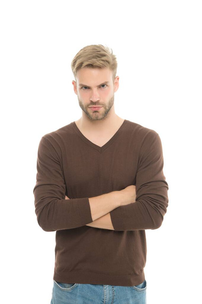 his perfect style. young guy with bristle isolated on white. male beauty. barbershop concept. grooming and hair care. Menswear and fashionable clothing. handsome unshaven man wear casual clothes - Photo, Image