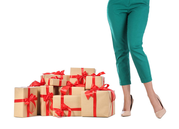 Woman and gift boxes on white background, closeup. Black Friday Sale - Photo, image