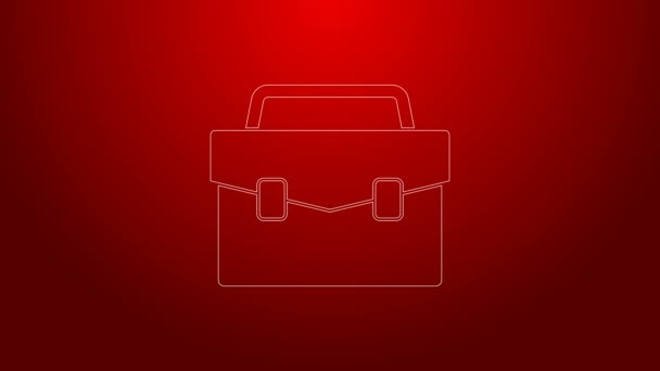 Línea verde Icono del maletín aislado sobre fondo rojo. Firma del caso. Portafolio empresarial. Animación gráfica de vídeo 4K - Metraje, vídeo