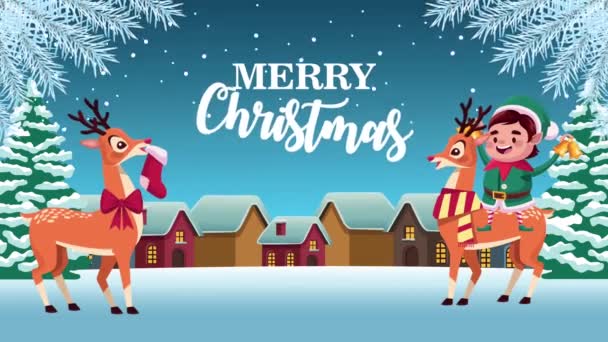 happy merry christmas lettering card with deers and elf - Footage, Video
