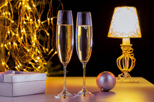 Champagne, Gift Box And New Year Decoration. Merry Christmas. - Zdjęcie, obraz