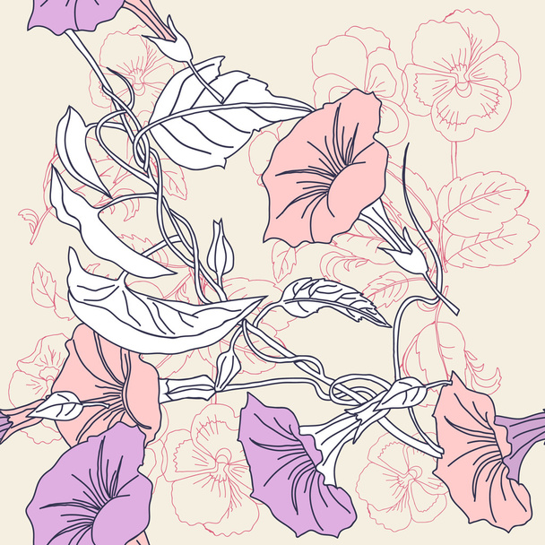 Pansies and pink bindweed - Vector, Image