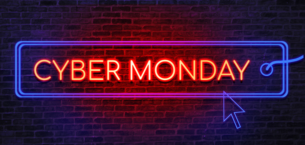 Cyber Monday sale neon sign. Brick wall as a background. Seasonal sale, shopping and store concept - Photo, Image