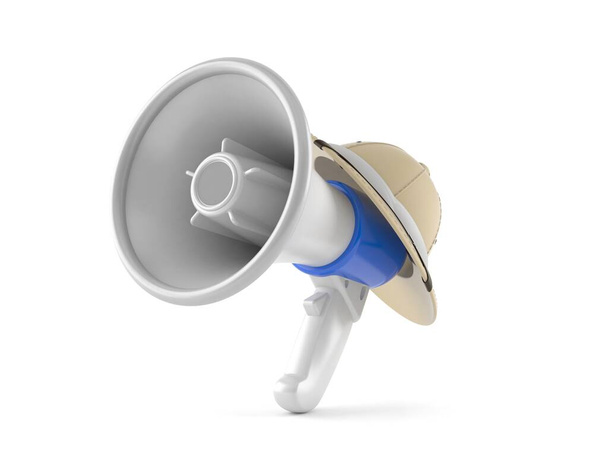 Megaphone with safari hat isolated on white background. 3d illustration - Photo, Image