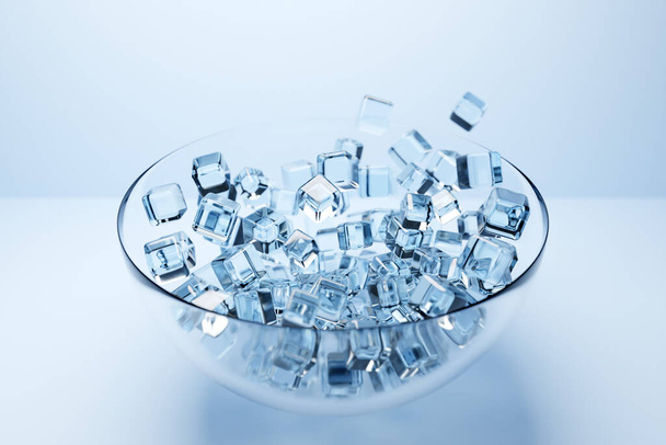 3d illustration of a large plate with small beautiful transparent ice cubes on a white background, side view - Valokuva, kuva