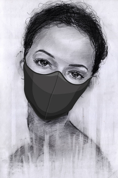 una máscara en la cara de las chicas. virus pandémico. epidemia, contagio. Dibujo a lápiz. protección de la enfermedad. COVID-19 coronavirus - Foto, Imagen