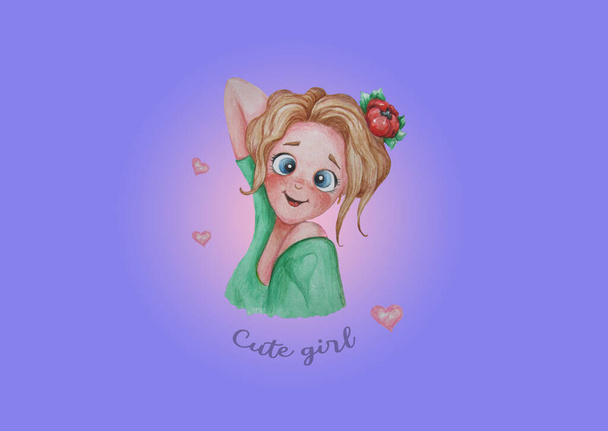 Leuk meisje. Een mooi, glimlachend meisje met een scharlaken bloem in haar haar op een paarse achtergrond met hartjes. Aquarel. Handtekening. Horizontale poster, ansichtkaart voor het ontwerpen en schrijven van tekst - Foto, afbeelding