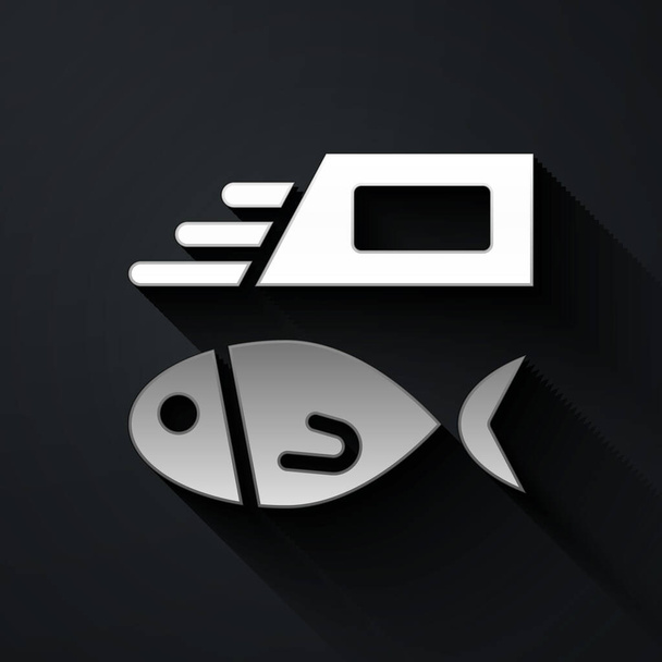 Silver Fish and chips icona isolata su sfondo nero. Lungo stile ombra. Vettore. - Vettoriali, immagini