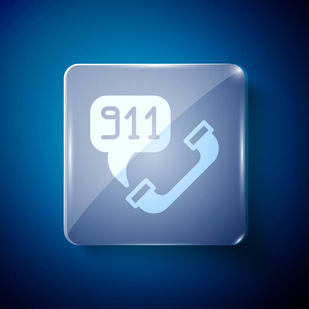 White Telephone with emergency call 911 icon isolated on blue background. Police, ambulance, fire department, call, phone. Square glass panels. Vector. - Vector, Image