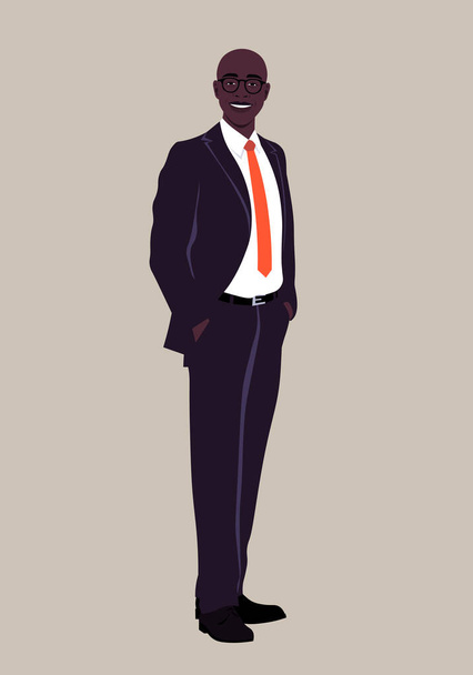 Egy boldog afrikai férfi portréja, aki öltönyben van. Irodai szakember teljes magasságban. Vektorlapos illusztráció. - Vektor, kép