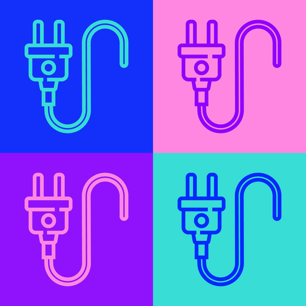 Pop art linea elettrica spina icona isolata su sfondo colore. Concetto di connessione e disconnessione dell'elettricità. Vettore. - Vettoriali, immagini