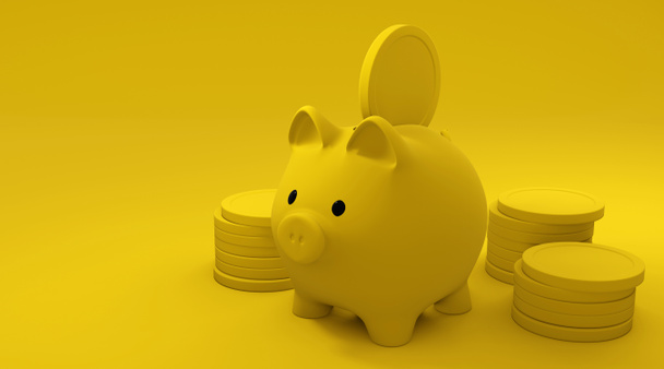 Inserting a coin into a piggy bank.3d render, illustration.  - Photo, Image