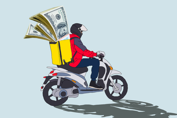 Zusteller auf einem Motorrad mit Dollars in der Tasche - Foto, Bild