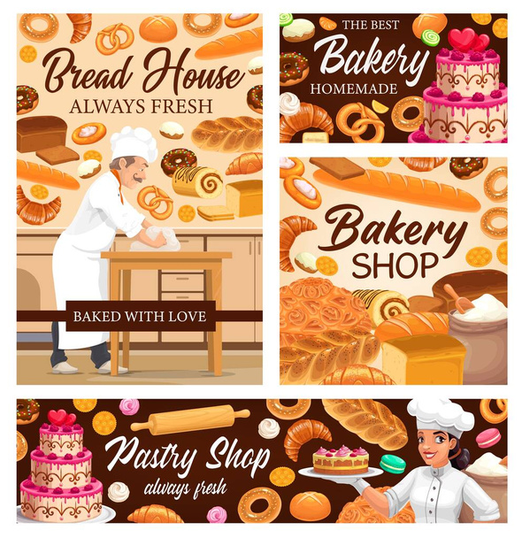 Chléb z pekárny, zákusky a sladké pečivo, vektorové cukrářské jídlo. Pekař v pekárně pečení chleba a hnětení těsta na čokoládové dorty a tvarohové koláče, croissanty, bagety a palačinky - Vektor, obrázek