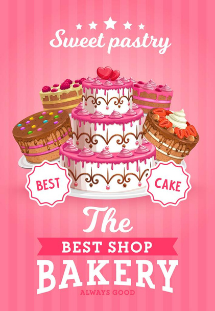 Süteménybolt vektor pékség promo, édes cukrászda termelési bolt, cukrászda és cukrászda piték. Kézzel díszített sütemények vagy cupcakes krémmel, eper, málna és topping rajzfilm plakát - Vektor, kép