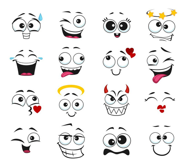 Gesichtsausdruck isolierte Vektorsymbole, lustige Cartoon-Emojis lachen und lächeln. Gesichtsgefühle, emoticons küssen, glücklich und Zunge zeigen, Engel, Dämon und Kopf schwindelerregend, träumen, verlieben, setzen - Vektor, Bild