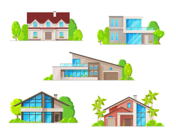 Ακίνητα σπίτια, εξοχικό σπίτι και bungalow κτίρια εικόνες. Κλασική και μοντέρνα αρχιτεκτονική βίλες, ξύλινο αγροτικό σπίτι και πολυτελή διώροφα αρχοντικά ή αρχοντικό με βεράντα και γκαράζ επίπεδη διάνυσμα - Διάνυσμα, εικόνα
