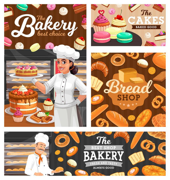 Bakkerij, brood en gebak winkel vector set met bakkers en zoet voedsel. Man en vrouw gebak chef-kok stripfiguren met taart, stokbrood, croissant en cupcake, ontbijttoast, broodje, donut en pretzel - Vector, afbeelding