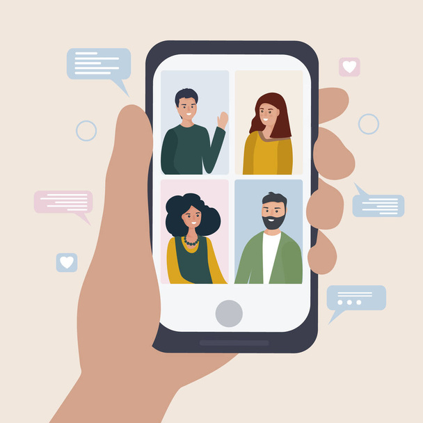 Online communication between a group of people using the mobile application, messenger. Group chat in your smartphone. phone in the hands. Talk during quarantine virtually over the Internet. Vector - Vector, Image