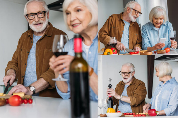 Collage eines lächelnden älteren Ehepaares, das Abendessen kocht, auf das Smartphone schaut und Ehemann eine Flasche Wein in der Küche öffnet  - Foto, Bild