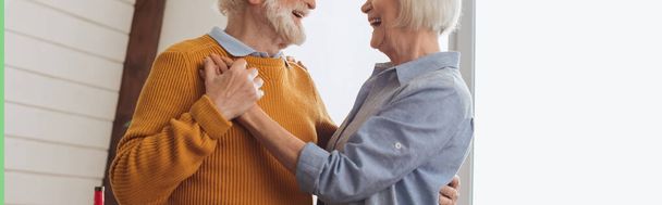 καλλιεργημένη άποψη του ηλικιωμένου ζευγαριού που χορεύει στο σπίτι, πανό - Φωτογραφία, εικόνα