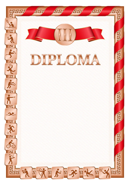 Diploma vertical para el tercer lugar en una competición deportiva, color bronce con una cinta del color de la bandera de Albania. Imagen vectorial. - Vector, imagen