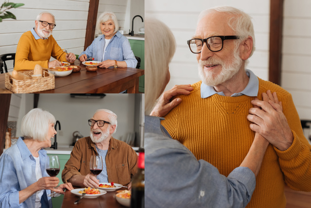 collage de feliz pareja de ancianos bailando, riendo y mirando a la cámara mientras se sienta en la mesa con cena vegetariana en la cocina  - Foto, Imagen