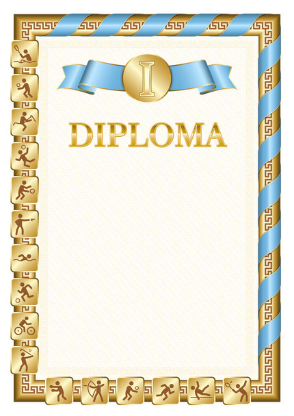 Diploma vertical para el primer lugar en una competición deportiva, color dorado con una cinta del color de la bandera de Fiyi. Imagen vectorial. - Vector, imagen
