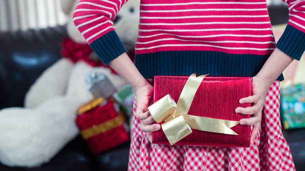 Girl holding a hidden red glitter wrapping paper Christmas gift to surprise.16:9 style - Foto, Bild