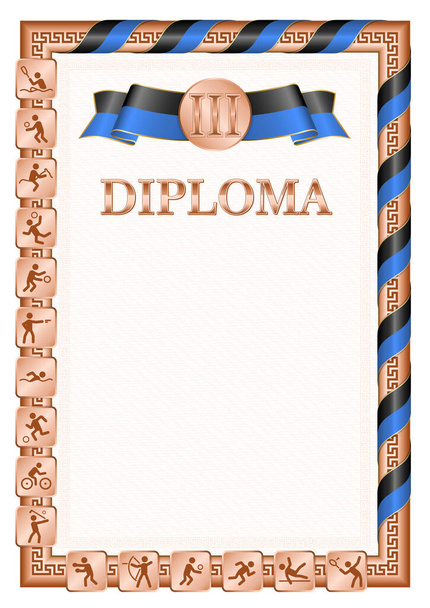 Vertikales Diplom für den dritten Platz in einem Sportwettbewerb, Bronzefarbe mit einem Band in der Farbe der algerischen Flagge. Vektorbild. - Vektor, Bild