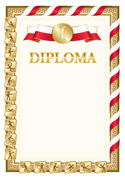 Diploma vertical para el primer lugar en una competición deportiva, color dorado con una cinta del color de la bandera de Bahréin. Imagen vectorial. - Vector, imagen