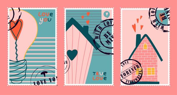 ロマンチックな切手。バレンタインの日の封筒とカード。トップダウンビュー。ウェブデザインと印刷のための現代的なベクトルイラスト。レトロな切手。通信・郵便配達の概念. - ベクター画像