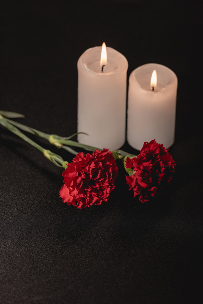 red carnation flowers and candles on black background, funeral concept - Photo, Image
