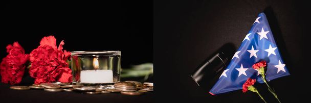 collage of red carnations, candle and coins, american flag with ashes on black background, funeral concept, banner - 写真・画像