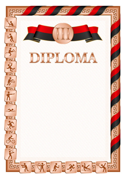 Diploma vertical para o terceiro lugar em uma competição esportiva, cor bronze com uma fita a cor da bandeira de Montenegro. Imagem vetorial. - Vetor, Imagem