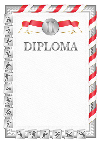 Diploma vertical para el segundo lugar en una competición deportiva, color plata con una cinta del color de la bandera de Singapur. Imagen vectorial. - Vector, imagen