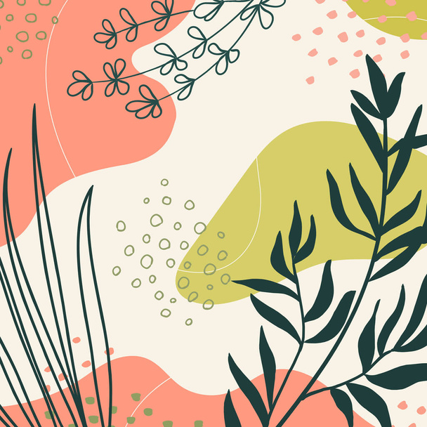 Background with organic shapes, leaves, branch and plants. Abstract natural elements in trendy doodle style for business, holiday. Simple, stylish, minimal design. Modern trendy vector graphic, template, greeting card, frame, social media post.  - Vektor, kép