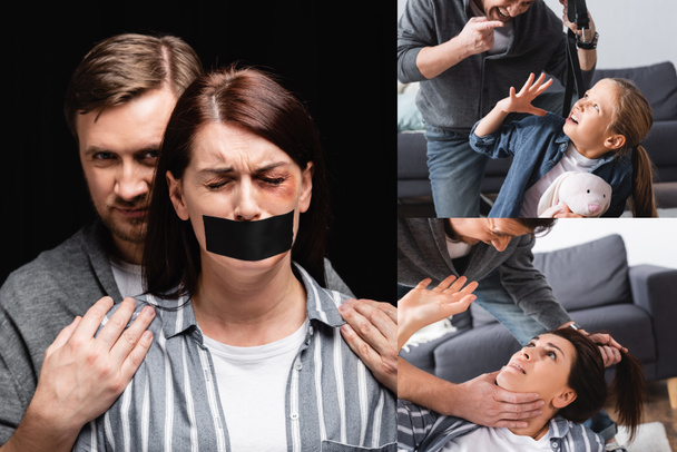 Collage van misbruiker knuffelen depressieve vrouw met plakband op de mond en houden taille riem in de buurt van kind met zacht speelgoed  - Foto, afbeelding