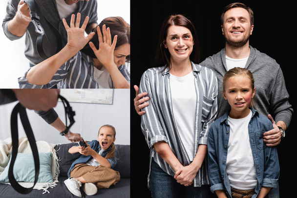 Collage van misbruiker houden taille riem in de buurt van bang vrouw en dochter en omarmen familie met blauwe plekken  - Foto, afbeelding
