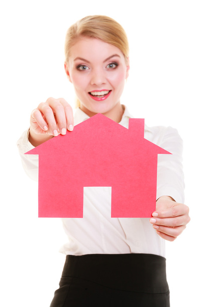 Business woman real estate agent holding red paper house. - Φωτογραφία, εικόνα
