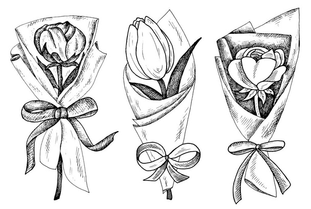Ilustración vectorial de bosquejo dibujado a mano conjunto de ramo con flores de peonía, tulipán y rosa. Fondo floral vintage y retro. Diseño romántico. - Vector, imagen
