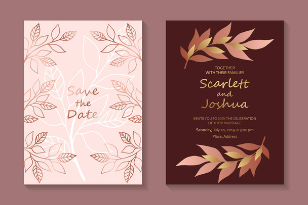 Floral wedding invitation design or greeting card templates with golden branches and leaves on a pink background. - Vector, Image