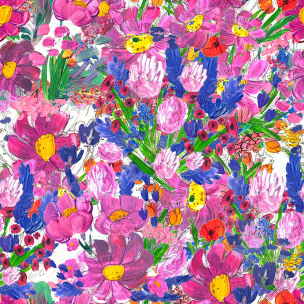 Seamless pattern with flowers. Watercolor or acrylic painting. Hand drawn floral background. - Φωτογραφία, εικόνα