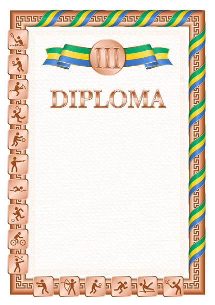 Diploma vertical para el tercer lugar en una competición deportiva, color bronce con una cinta del color de la bandera de Gabón. Imagen vectorial. - Vector, imagen